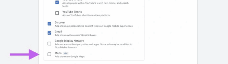 Screenshot of a Google Ads interface showing channel selection options for AI search intent optimization. Options include YouTube, Discover, Gmail, Google Display Network, and Maps. “Let me choose” is selected with a purple arrow pointing to the “Maps” checkbox.