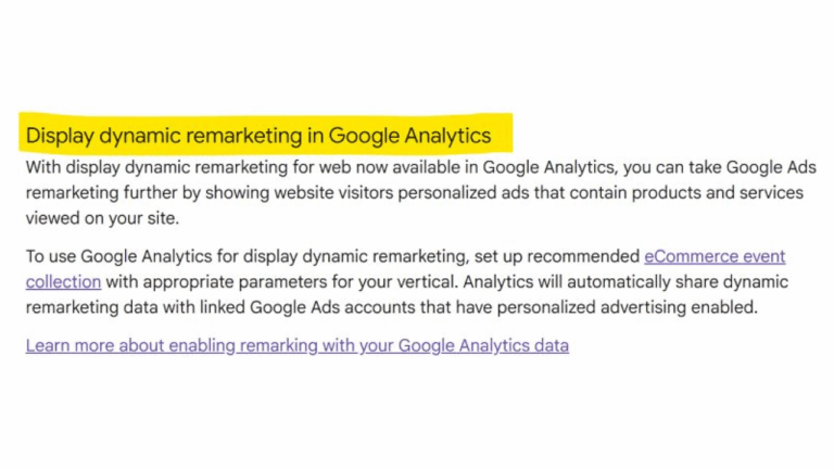 Screenshot of a webpage section titled "Display dynamic remarketing in Google Analytics," with the title highlighted in yellow and explanatory text about Remarketing and GA Ecommerce Data, along with several blue hyperlinks below.
