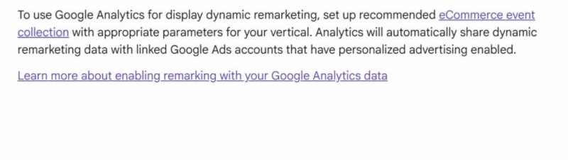 Screenshot of a webpage section titled "Display dynamic remarketing in Google Analytics," with the title highlighted in yellow and explanatory text about Remarketing and GA Ecommerce Data, along with several blue hyperlinks below.