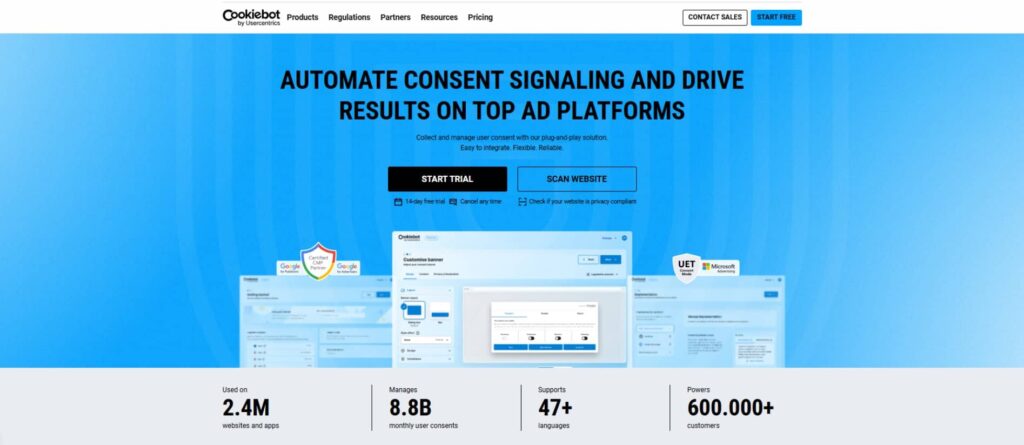 Screenshot of the Cookiebot homepage, featuring a blue background, navigation menu, and headline: "Automate consent signaling and drive results on top ad platforms." Buttons for "Start Trial" and "Scan Website" are visible—plus stats below and a link for Google CMP Comparison.