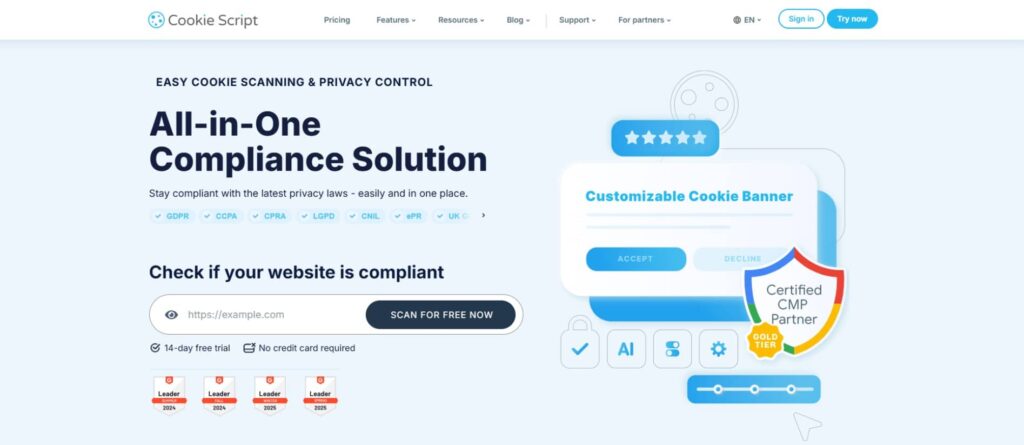 Screenshot of a website offering an all-in-one cookie compliance solution, featuring a customizable cookie banner, compliance scan button, certification badges, and privacy regulation icons—plus details on Google-Certified CMPs and Free CMP Plans.