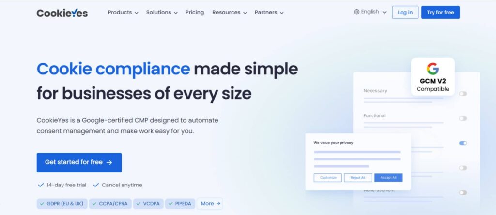CookieYes homepage promotes cookie compliance solutions with a blue and white theme. Features "Cookie compliance made simple for businesses of every size," call-to-action buttons, privacy settings graphics, and highlights Free Plans alongside Google-Certified CMPs.