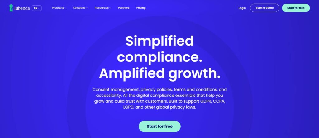 A website homepage with a blue background displaying the text: "Simplified compliance. Amplified growth." Explore Google-Certified CMPs, compare Free CMP Plans, and navigate Products, Solutions, Resources, Partners, and Pricing. Buttons: "Book a demo," "Start for free.