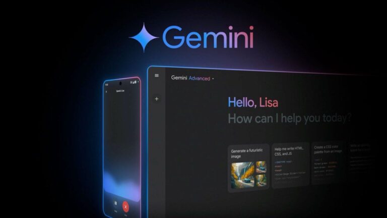 A digital interface displays the Gemini App logo above a dark screen that greets “Hello, Lisa” and shows AI-generated suggestions; a smartphone and desktop view are both visible with a colorful gradient glow.