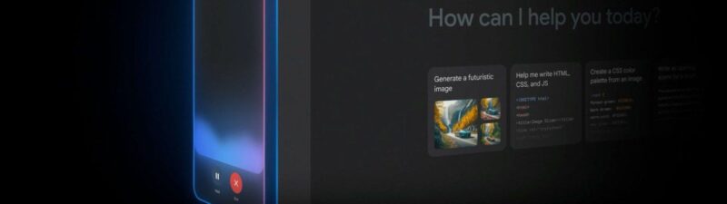 A digital interface displays the Gemini App logo above a dark screen that greets “Hello, Lisa” and shows AI-generated suggestions; a smartphone and desktop view are both visible with a colorful gradient glow.