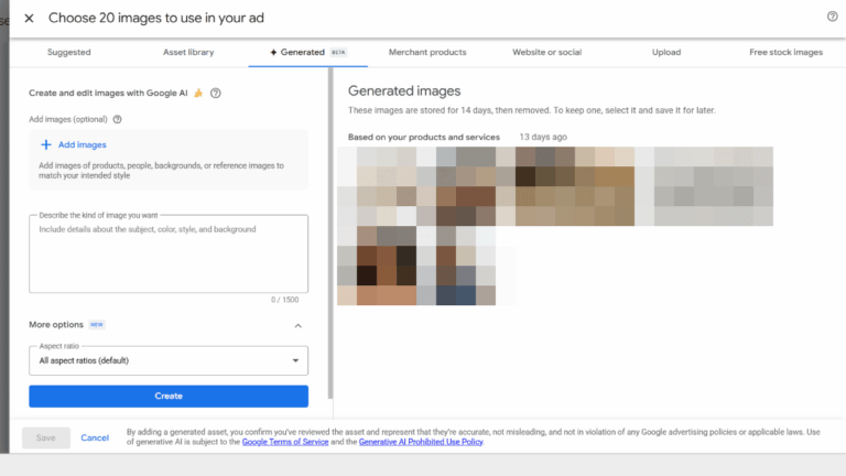 A screenshot of the Google Ads interface showing the “Generated images” tab, featuring AI Image Creation tools and Asset Explorer options on the left, with blurred image previews displayed on the right.