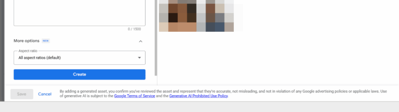 A screenshot of the Google Ads interface showing the “Generated images” tab, featuring AI Image Creation tools and Asset Explorer options on the left, with blurred image previews displayed on the right.