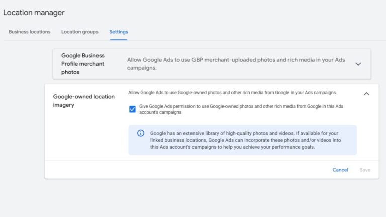In Google Ads' Location Manager, the Hidden Media Settings page offers checkboxes to allow Google-owned photos and media in ad campaigns, along with a message highlighting the use of high-quality images.