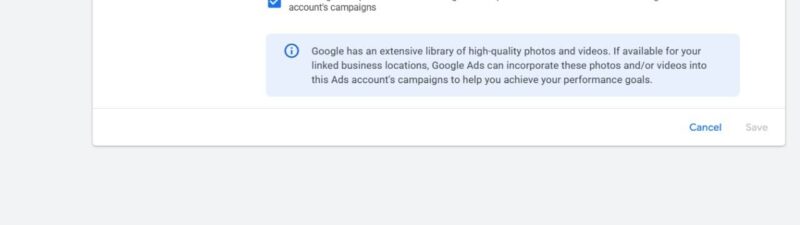 In Google Ads' Location Manager, the Hidden Media Settings page offers checkboxes to allow Google-owned photos and media in ad campaigns, along with a message highlighting the use of high-quality images.