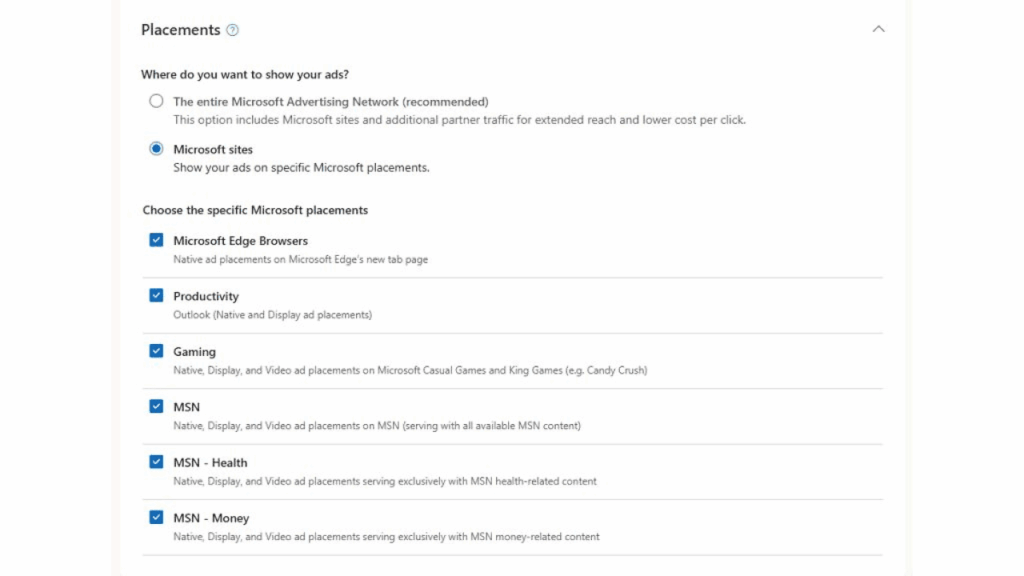 A settings page displays ad placement options like Microsoft Edge Browsers, Productivity, Gaming, and MSN channels, with checkboxes for Content Targeting or Audience Ads. "Microsoft sites" is currently selected.