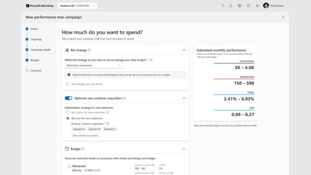 A Microsoft Advertising campaign setup page shows options to select bid strategy, optimize for new customer acquisition, set a budget, and displays estimated monthly performance metrics with advanced Reporting Tools for insights on impressions, clicks, CTR, and cost per click.