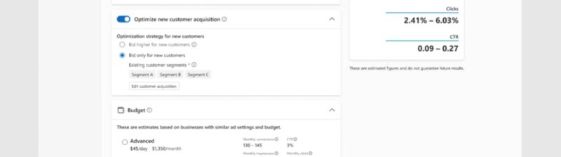 A Microsoft Advertising campaign setup page shows options to select bid strategy, optimize for new customer acquisition, set a budget, and displays estimated monthly performance metrics with advanced Reporting Tools for insights on impressions, clicks, CTR, and cost per click.