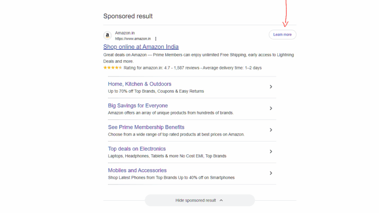 A search result from Amazon India is shown, featuring links to deals and information for Prime members. A "Learn more" button is highlighted with a red arrow at the top right.