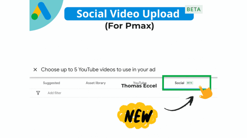 Screenshot showcasing the 'Social Video Upload' (Beta) feature for Google PMax Social Ads, enabling users to pick up to 5 YouTube videos for ads. A green box highlights the 'Social Beta' tab with a yellow 'NEW' marker and arrow.