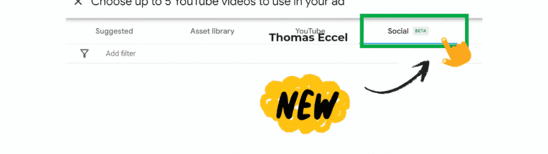 Screenshot showcasing the 'Social Video Upload' (Beta) feature for Google PMax Social Ads, enabling users to pick up to 5 YouTube videos for ads. A green box highlights the 'Social Beta' tab with a yellow 'NEW' marker and arrow.
