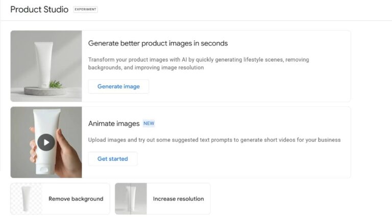 A screenshot of the Product Studio webpage in Google Merchant Center showcases new features to generate better product images, animate images, remove backgrounds, and increase resolution, with a white bottle displayed as an example.