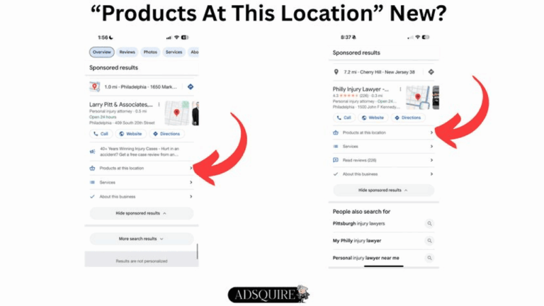 Two smartphone screenshots show Google search results for local lawyers, each highlighting a “Products At This Location” section. Red arrows point to this Local Products feature. The AdSquire logo appears at the bottom center.