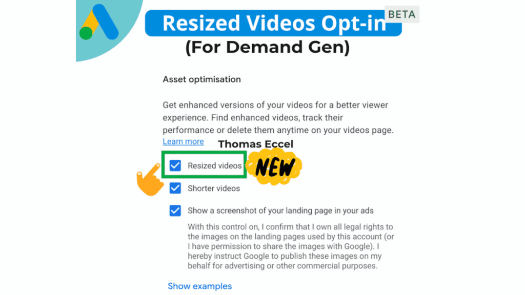 A screenshot of a Google Ads interface shows the “Resized Videos Opt-in (For Demand Gen)” Creative Opt-in feature in beta. A checkbox for “Resized videos” is ticked, highlighted with a green box and a “NEW” label.