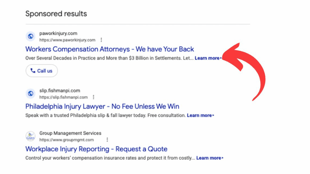 Screenshot of Google search results showing ads for legal and workplace injury services. A large red arrow highlights the first result for "Workers Compensation Attorneys - We have Your Back," featuring learn more links in the Google search ads.
