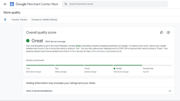 Screenshot of Google Merchant Center Next showing a "Great" overall quality score for a Health & Beauty store in Czechia, with suggestions to improve ratings and a summary of score levels from Low to Exceptional.