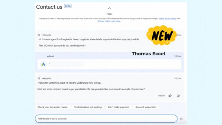 A screenshot of a Google Ads support chat interface shows a conversation between a user and an agent. The user mentions using Excel, and “NEW” and “Thomas Eccel” are highlighted in the chat area. The message box is at the bottom.