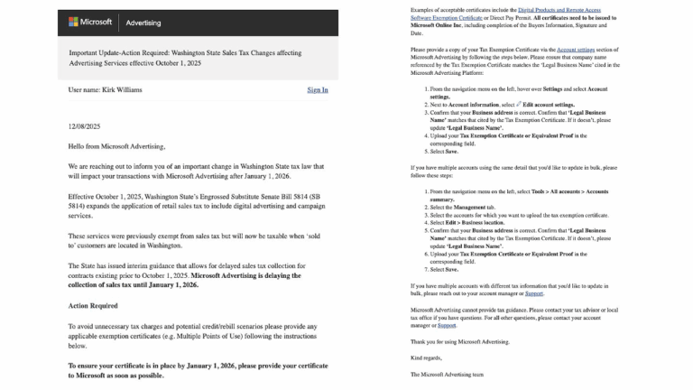 A Microsoft Advertising email about new Washington State taxing changes on digital ads, effective October 1, 2015, requests a tax exemption certificate by January 1, 2016, with instructions for tax compliance and document submission.