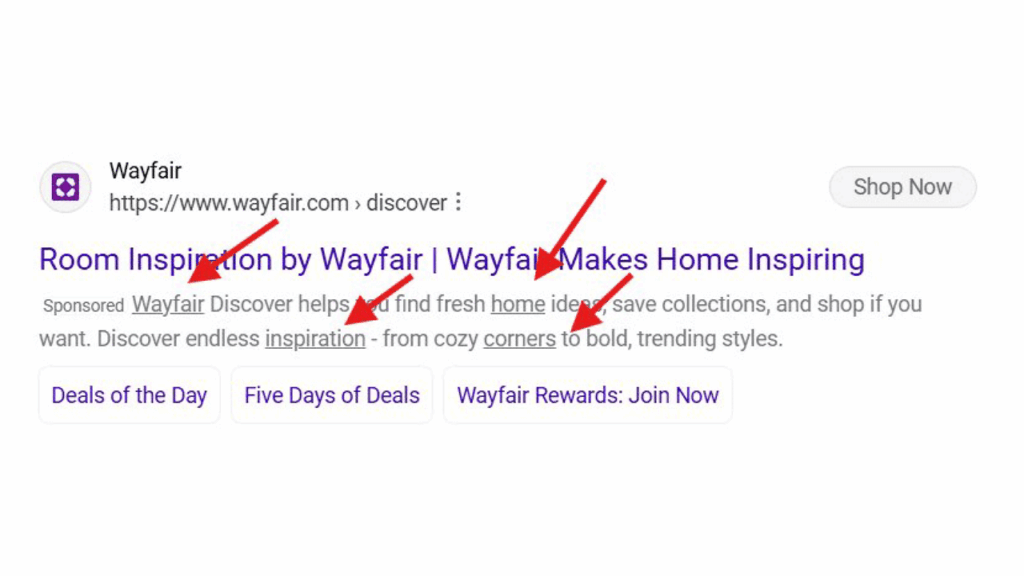 A search result for Wayfair's "Room Inspiration" page, featuring three red arrows pointing to the underlined ad descriptions—specifically highlighting "Wayfair," "home," and "inspiration" in the snippet, suitable for Bing Ads ad testing.