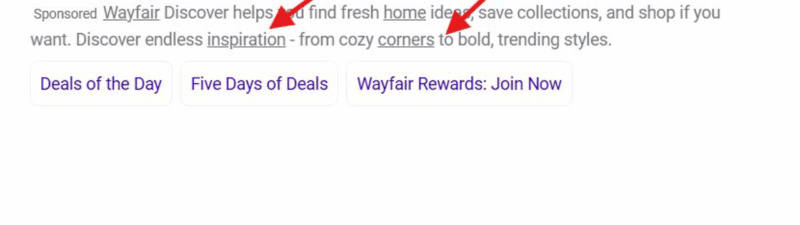 A search result for Wayfair's "Room Inspiration" page, featuring three red arrows pointing to the underlined ad descriptions—specifically highlighting "Wayfair," "home," and "inspiration" in the snippet, suitable for Bing Ads ad testing.