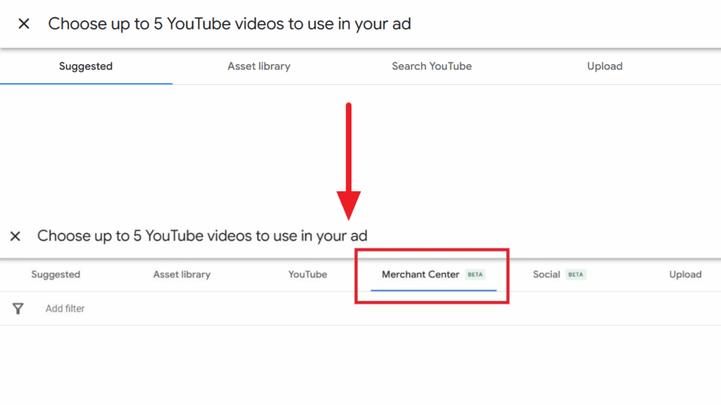 Screenshot of a Google Ads interface with a red arrow pointing to the "Merchant Center" tab, highlighted in red, under the option to choose up to 5 Merchant Center Videos for your ad.