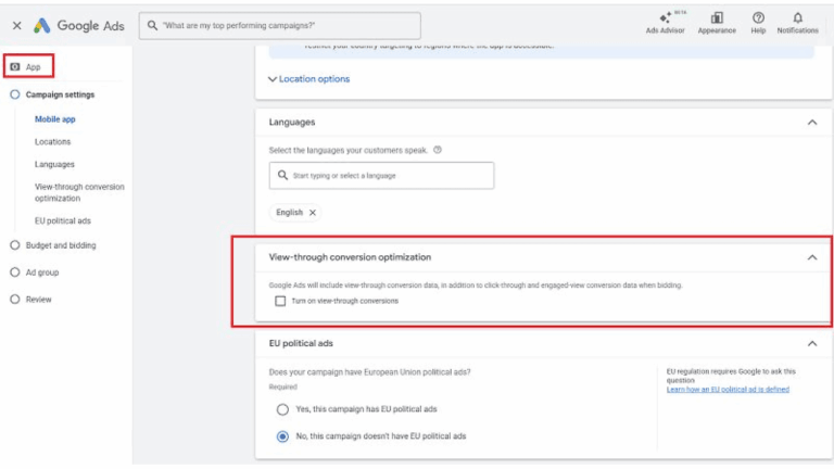 Screenshot of a Google Ads settings page showing the “View-through conversion optimization” (VTC) section highlighted for App Campaigns, with a checkbox to enable VTC. The left menu has “App” selected.