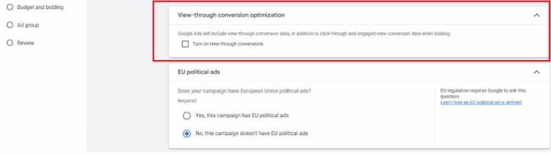 Screenshot of a Google Ads settings page showing the “View-through conversion optimization” (VTC) section highlighted for App Campaigns, with a checkbox to enable VTC. The left menu has “App” selected.