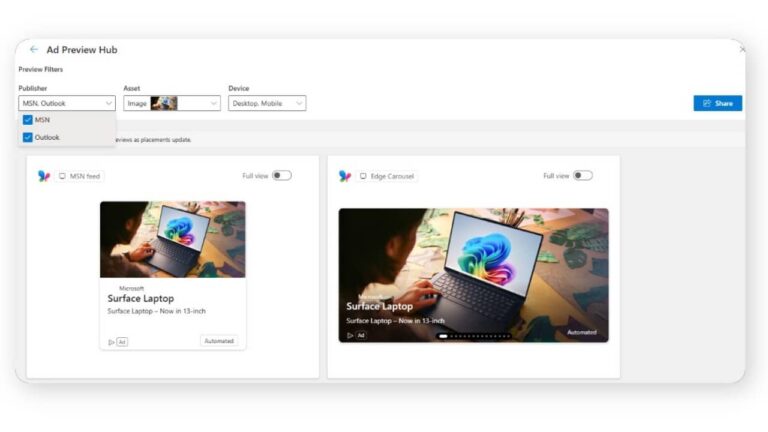 A computer screen displays the Ad Preview Hub within Microsoft Advertising, featuring a Surface Laptop ad in two formats: MSN feed and Edge Carousel, with filters and sharing options at the top for Audience Ads.