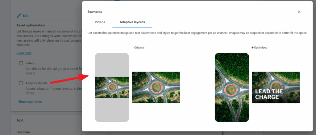 A screenshot showing a settings menu with an option for "Adaptive layouts" selected. On the right, there are examples of an aerial roundabout image in original and optimized layouts, one with the text "LEAD THE CHARGE.