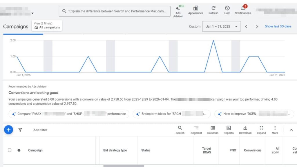 A Google Ads Advisor dashboard displays a Conversion Summary with a line graph of campaign conversions from January 1–31, 2025. Several peaks are shown, with text above noting “Conversions are looking good,” and campaign details listed below the graphs.