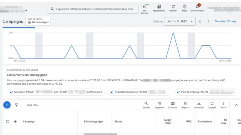 A Google Ads Advisor dashboard displays a Conversion Summary with a line graph of campaign conversions from January 1–31, 2025. Several peaks are shown, with text above noting “Conversions are looking good,” and campaign details listed below the graphs.