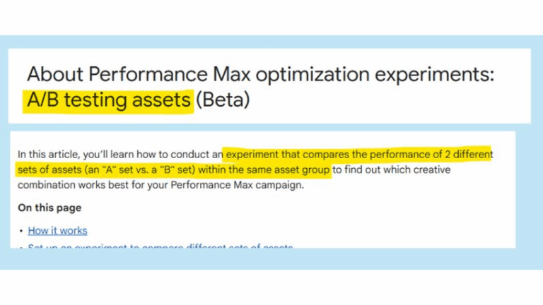 Screenshot of a webpage titled “About Performance Max optimization experiments: A/B Testing assets (Beta),” with highlighted text explaining Asset-Level A/B Testing that compares two different sets of assets within the same asset group.