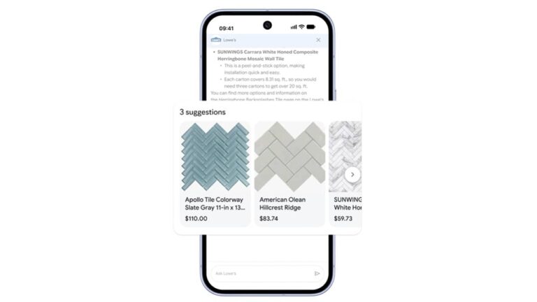 A smartphone screen displays tile suggestions from top retailers, showing three options: Apollo Tile Colorway Slate Grey for $110, American Olean Hillcrest Ridge for $83.74, and SUNWING White Honed for $59.73.