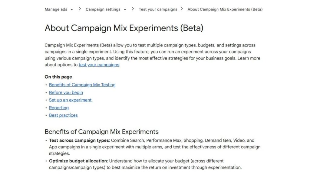 Screenshot of a webpage titled "About Campaign Mix Experiments (Beta)" explaining campaign testing in Google Ads Beta, with links to related topics and a section on the benefits of test campaign types.