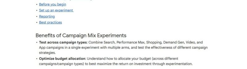 Screenshot of a webpage titled "About Campaign Mix Experiments (Beta)" explaining campaign testing in Google Ads Beta, with links to related topics and a section on the benefits of test campaign types.