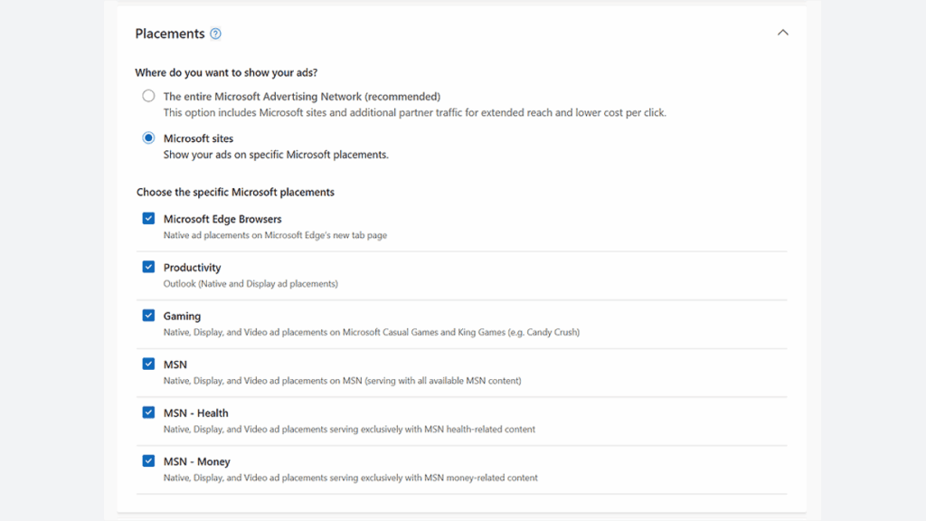 Screenshot of a Microsoft Advertising settings page titled "Placements," featuring Content Targeting options to display Microsoft Audience Ads across the entire network or specific sites, with categories like Productivity, Gaming, MSN, Health, and Money selectable via checkboxes.