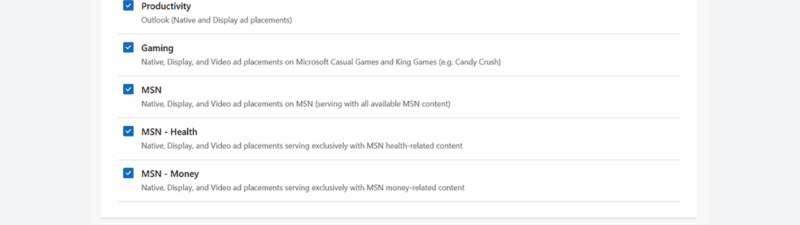 Screenshot of a Microsoft Advertising settings page titled "Placements," featuring Content Targeting options to display Microsoft Audience Ads across the entire network or specific sites, with categories like Productivity, Gaming, MSN, Health, and Money selectable via checkboxes.