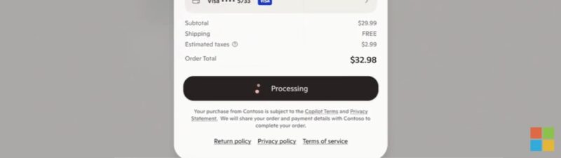A digital checkout screen with Copilot Checkout displays a Gustave table lamp for $29.99, shipping free to Sunnyvale, CA. Payment via Visa ending in 2723. The order total is $29.98, and the status is "Processing.