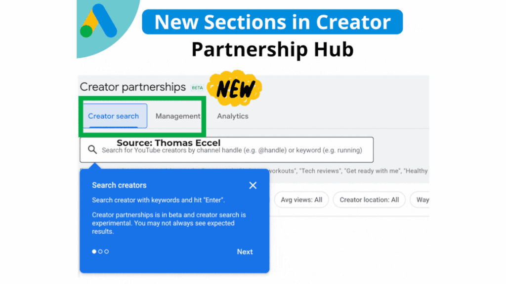 Screenshot of a leveled up Creator Partnership Hub update, highlighting the “Creator search” tab and a pop-up explaining how to find creators by keywords or channel handle—perfect for optimizing your creator partnership strategy.