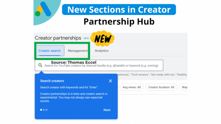 Screenshot of a leveled up Creator Partnership Hub update, highlighting the “Creator search” tab and a pop-up explaining how to find creators by keywords or channel handle—perfect for optimizing your creator partnership strategy.