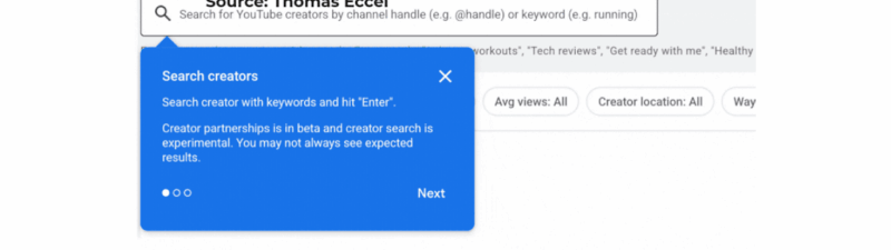 Screenshot of a leveled up Creator Partnership Hub update, highlighting the “Creator search” tab and a pop-up explaining how to find creators by keywords or channel handle—perfect for optimizing your creator partnership strategy.