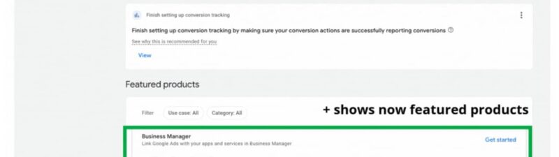 Screenshot of a Data Manager dashboard showing product connections at the top, recommendations in the middle, and featured products below, with highlighted sections and a yellow arrow pointing to “Connected products.”.