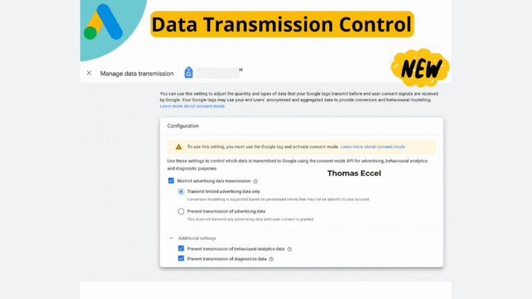 A Google Ads interface titled "Data Transmission Control" shows options to manage data transmission, including settings for advertising and analytics data, with a "NEW" label highlighted and the name Thomas Eccel displayed.