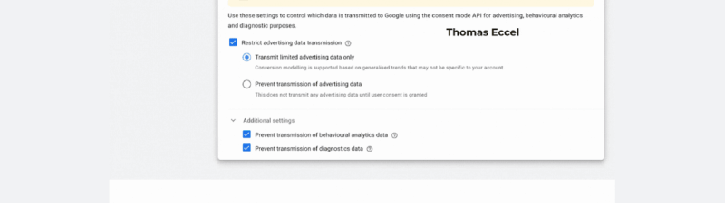 A Google Ads interface titled "Data Transmission Control" shows options to manage data transmission, including settings for advertising and analytics data, with a "NEW" label highlighted and the name Thomas Eccel displayed.