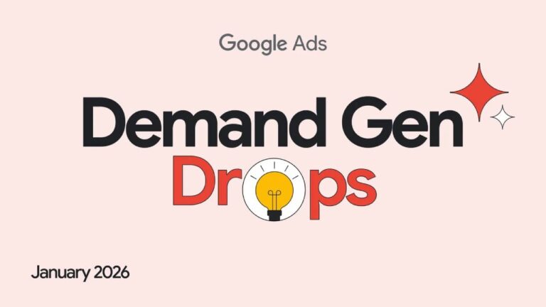 A graphic with the text "Google Ads Demand Gen Drops" featuring a lightbulb icon in the "o" of "Drops," red sparkling stars, and subtle video elements. "January 2026" appears bottom left on a light pink background.