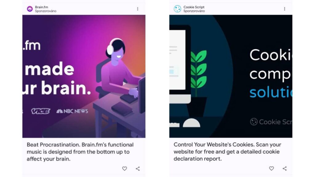 Two digital ad cards: the left features a purple gradient background, a person with headphones at a computer, and logos of news outlets; the right shows a partial computer screen on a blue background with cookie-related text.